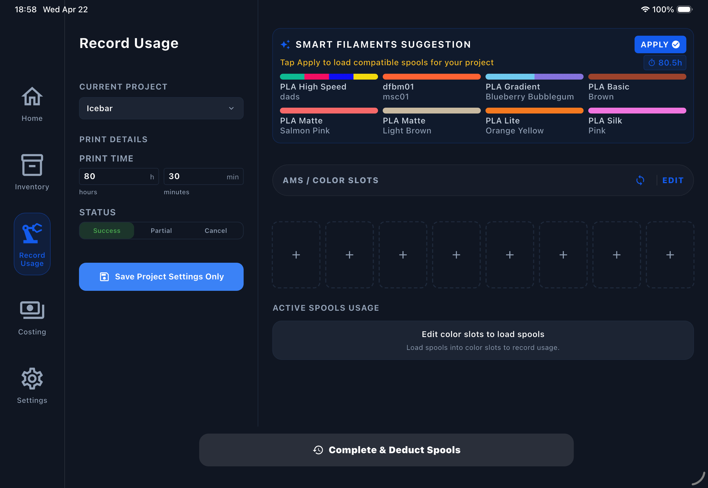 Filament Genius tablet dashboard for 3D printing filament inventory